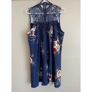 OMBabe Navy Floral High Neck Dress L